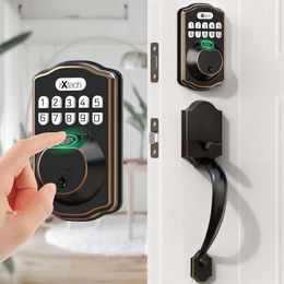 IXTECH Fingerprint Set, Keyless Entrance Handle and 2 Keys, Automatic Intelligent Finger Printed Suitable for Front Door, Electronic Door Lock with Keyboard,