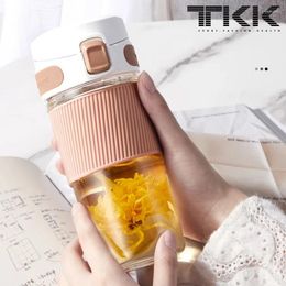 Water Bottles TKK Glass Bottle Double-layer Cup With Tea Drain Philtre Leak-Proof Non-Slip Heat-resistant Outdoor Kettle