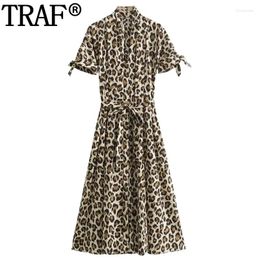 Party Dresses Woman Leopard Shirt Dress Vintage Tie Print Midi Pleated Belt Long For Women Short Sleeve Casual Summer