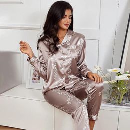 Home Clothing Pyjamas For Women Clothes Flower Printed Sleepwear Satin Silk Long Sleeve Tops Pyjama Pants Nightwear 2 Piece Pyjama Femme
