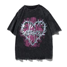 Hip Hop Street Clothing Mens T-shirt Gothic Heart Print T-shirt Summer 100% Cotton Vintage Wash T-shirt Unisex Casual Top 240511