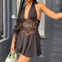 Casual Dresses Summer Fashion Retro Women's Style Hanging Neck Halter Lace Hollow Slim Dress Sexy Sling Y2k Black V-neck Skirt Gothic