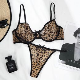 Sexy leopard print large-sized steel ring small chest gathering girls underwear set fashionable bow mesh sexy bra 240425