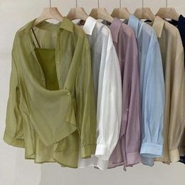 Women's Blouses Mesh Shirts For Women Thin Summer Clothing Female Long Sleeve Loose Korean Chiffon Soft Sun Protection Turn-down Collar