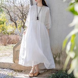 Casual Dresses 2024 Spring Summer Arts Style Women 3/4 Sleeve Patchwork Hollow Out Loose White Long Dress O-neck Cotton Linen P620