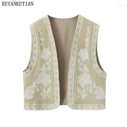 Women's Vests KEYANKETIAN Women Vintage Floral Embroidered Open WaistCoat Ladies National Style Vest Jacket Outfits Casual Vacation Crop Top
