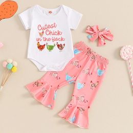 Clothing Sets Baby Girl Farm Clothes Summer Bell Bottoms Outfit Chicken Short Sleeve T-shirt Romper Flare Pants With Headband Set