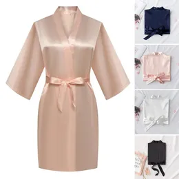 Home Clothing Women Bathrobe Ice Silk Satin Lace-up Waist V Neck Three Quarter Sleeve Loose Pure Color Soft Cardigan Nightgown Sleepwear