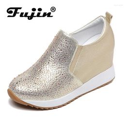 Dress Shoes Fujin 7cm Genuine Leather Synthetic Platform Wedge Rhinestone Bling Lace Hidden Heels Ankle Spring Autumn Women Booties