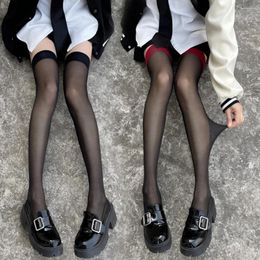 Women Socks Ladies JK Thin Lace Stockings Sexy Soild Black Skin Thigh High Long Girls Lolita Sweet Red Edge Knee Half Stocking