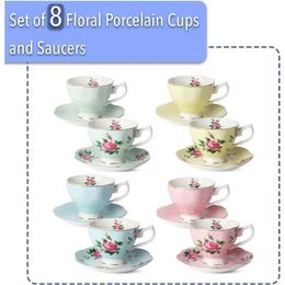 Cups Saucers Floral Tea Cups and Saucers Set of 8 (8 oz) Gold Trim and Gift Box Coffee Cups Floral Tea Cup Set British Tea Cups