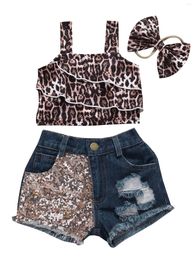 Clothing Sets Kids Baby Girls Summer Top Shorts 3-Piece Suit Leopard Short Sleeve Pleated Vest Blue Jeans Side Pockets