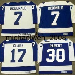 Vin Weng Vintage Hockey Jersey 7 Lanny Mcdonald 17 Wendel Clark 30 Bernie Parent Hockey Jerseys Blue White