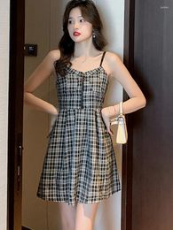 Casual Dresses 2024 Plaid Sling Sexy Mini Dress Women Elegant High Waist A-Line Summer Korean Fashion Bodycon Party Evening