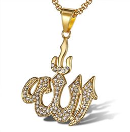 Hip Hop Bling Iced Out Rhinestones Gold Silver Colour Stainless Steel Islam Muslim Pendant Necklace for Men Rapper Jewelry1945370