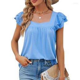 Women's T Shirts Summer Simple Solid Colour Women Top Spliced Square Neck Slim Fit Knitted Female Short Sleeve T-shirt