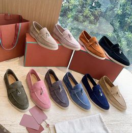 Brand Loafers Suede Tassel Woman Flat Shoes Summer Ladies Shoes Slip on Women Gold or Silver Metal Lock Genuine Leather Decorate Round Toe Flat Mules Casual Shoes