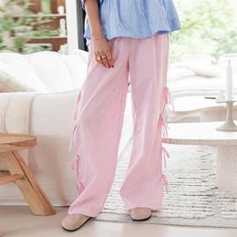 Women's Pants Xingqing Y2k Wide Leg Women Solid Color/Plaid/Stripe Print Side Tie-Up Elastic High Waist Loose Trousers 2000s Bottoms