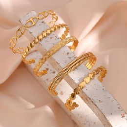 Trendy Adjustable Open Gold Plated Cuff Bangle Set Tarnish Free Stainless Steel Fashion Jewellery Bracelets & Bangles