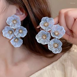Dangle Earrings Minar Hyperbole Shiny CZ Cubic Zirconia Blue Spray Hollow Out Large Flowers Long Drop For Women Party Holiday Jewelry