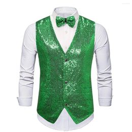 Men's Vests Shiny Green Sequin Sparkling Waistcoat Men Slim Fit V Neck 2 Pieces Mens Vest With Bowtie Wedding Party Stage Prom Costume Gilet