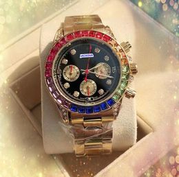 Couple Hip Hop Iced Out Men Designer Watch Day Date Time Quartz Battery Movement Colourful Diamonds Ring Stainless Steel Band Clock Chain Bracelet Super Watches gifts