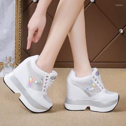 Fitness Shoes Drop Hidden Heels Wedge Sneakers Women Silver Laser Platform Casual Woman Summer Breathable Mesh Chunky