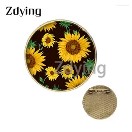 Brooches ZDYING Sunflower Yellow Flower 30mm Badge Glass Po Cabochon Dome Antique Silver/Bronze Color Metal Pins RE037
