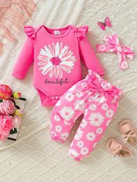 Clothing Sets 3-piece Baby Girl Floral Print Long Sleeved Top Bow Pants Headscarf For Fashionable Daily Wear