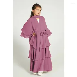 Ethnic Clothing Chiffon Layered Open Abaya Dubai Kaftan Muslim Cardigan Abayas Dresses For Girls Casual Robe Kimono Islam No Hijab