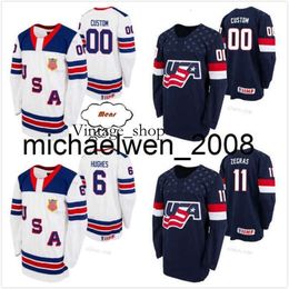 Vin Weng Customize Men Women Kids #6 Jack Hughes S-6XL Trevor Zegras Jersey USA U18 Team 2021 Biosteel All American Game Home White Navy Away Jersey