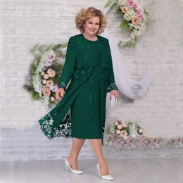 Dark Green Lace Mother Of The Bride Dresses Jewel Neck Long Sleeves Jackets Wedding Guest Dress Tea Length Chiffon Evening Gowns 247z