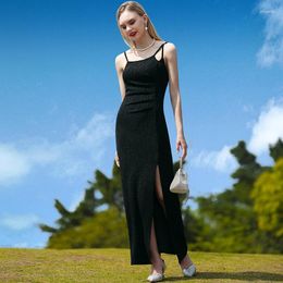 Casual Dresses Summer Black Spaghetti Strap Long Dress Camisole Slim Waist Bling Split Women Events Birthday Party Fashion Trends