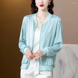 Women's Jackets TingYiLi Spring Summer Satin Jacket Women Zip Front Long Sleeve Blue White Pink Korean Elegant Ladies Casual Tops