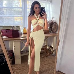 Beach Dress Women Up Cover Summer Clothes For 2024 Solid Colour Neck Connexion Hollow Slit Spandex Bath Robe Tunics Saida De