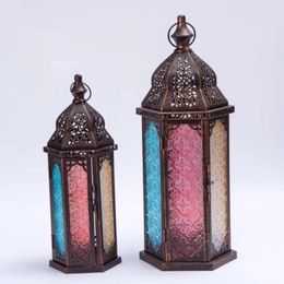 Candle Holders European Creative Home Furnishing Pieces Iron Lantern Candlestick Color Metal Glass Hollow Moroccan Decor