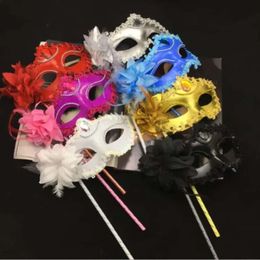 New Plastic 50Pcs/Lot 8 Colors Handmade With Flowers And Feather Elegant Masquerade Ball Masks On Sticks