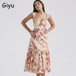 Casual Dresses Giyu Sexy Vintage Floral Print Party Dress Women 2024 Summer Elegant Cake Pleated Long Padded Backless Holiday Robe