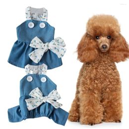 Dog Apparel Summer Denim Pet Dress With Bow Jumpsuit Soft Cat Halter Yorkies Pomeranians Shih Tzus Maltese And Poodles