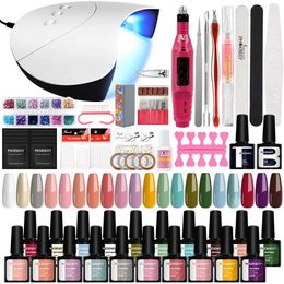 Nail Art Kits Gel nail kit 20pcs Saok Off gel polishing belt 36W UV nail light electric nail drill professional full UV gel processing kit T240510