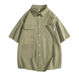 Men's Casual Shirts Summer Japanese Cargo Short Sleeve Shirt Men Pockets Button Turn-Down Collar Lapel Oversize Harajuku Blouses Tops