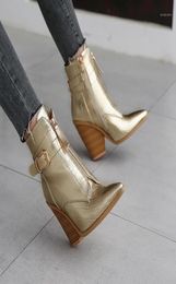 Boots EPHER Gold Snake Print Ankle Women Wedge Heel Booties Buckled Chunky Heels Western Boot6341460