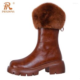 Boots PRXDONG Brand Genuine Leather Shoes Woman Ankle Black Brown Real Fur Warm Snow Casual Lady Winter Size 39