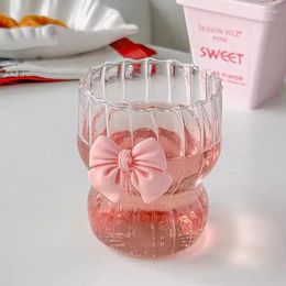 Wine Glasses Pink Bow Heat-resistant Coffee Cup High Borosilicate Glass Vertical Grain Chubby Tea Making Water