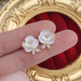 Stud Earrings Camellia Flower Inlaid Pearl Rhinestone Fashion Luxury Ladies Valentine's Day Gift For Partner Friends