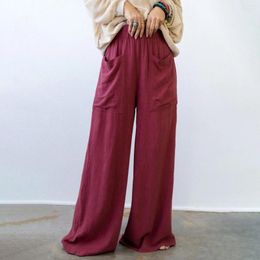 Women's Pants Womens Daily Casual Long Trousers Summer Loose Solid Colour Drawstring Elastic Waist Wide Leg Vintage Cropped With Pocket