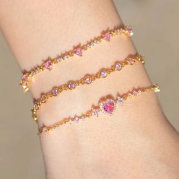 Y2K Exquisite Sweet Pink Zircon Love Heart Chain Bracelet For Women Girls Party Birthday Jewellery Gift 240423