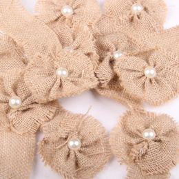 Decorative Flowers 6Pcs/set Jute Hessian Burlap Pearl Posy Rustic Wedding Party Decor