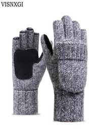 VISNXGI Work Thick Male Fingerless Gloves Men Women Wool Winter Warm Exposed Finger Mittens Knitted Warm Flip Half Finger Gloves C2405709