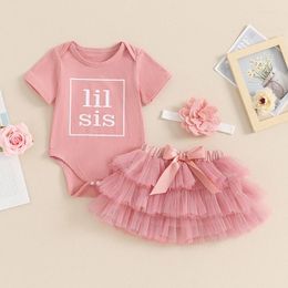 Clothing Sets Baby Girls 3piece Sweety Outfit Letters Print Romper With Tulle Skirt Headband Summer Mesh Lace Clothes Set